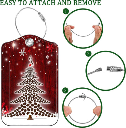 2 PCS Leather Luggage Tags for Suitcase Christmas Tree Snowflake Red Travel Luggage Tag with Privacy Flap Name ID Label and Metal Loop for Travel Bag Suitcase