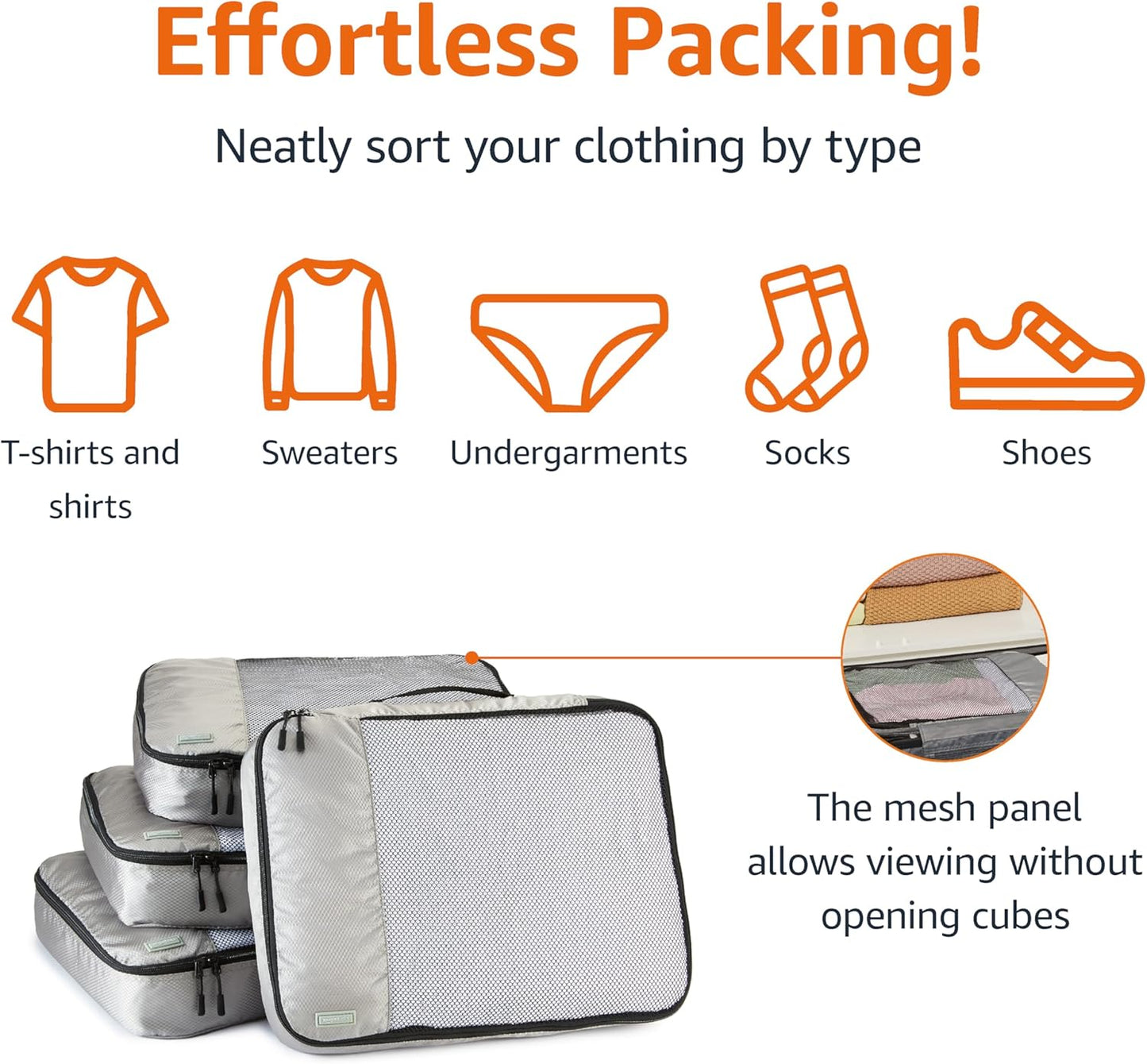 Amazon Basics 4 Piece Packing Cubes Travel Organizer Set with Double Zipper, Mesh Top, Large, Gray
