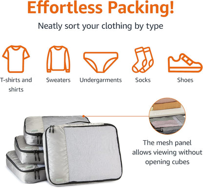 Amazon Basics 4 Piece Packing Cubes Travel Organizer Set with Double Zipper, Mesh Top, Large, Gray
