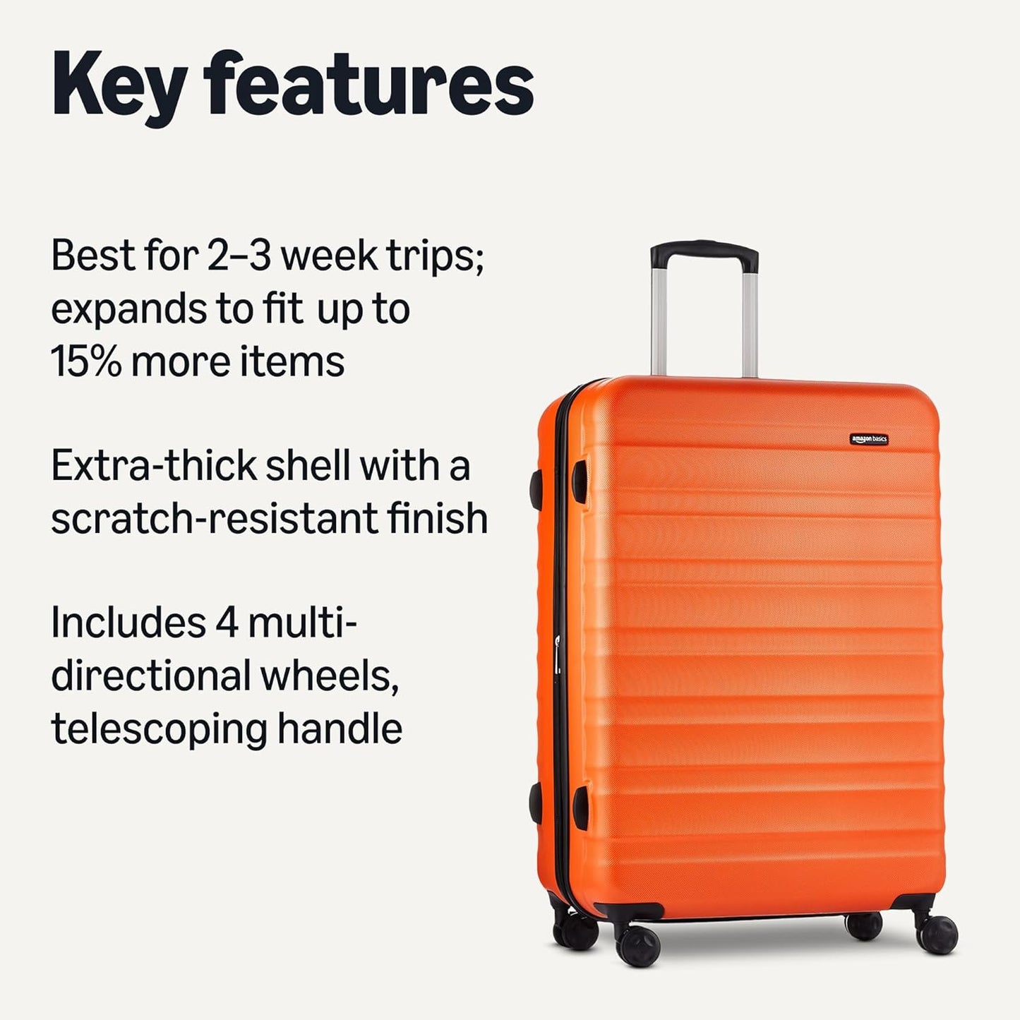Amazon Basics 30" Hardside Large Checked Luggage, Hardshell Suitcase With Wheels, Expandable For Up to 15% More Space, With Scratch-Resistant Surface, Four Multi-directional Wheels, Orange