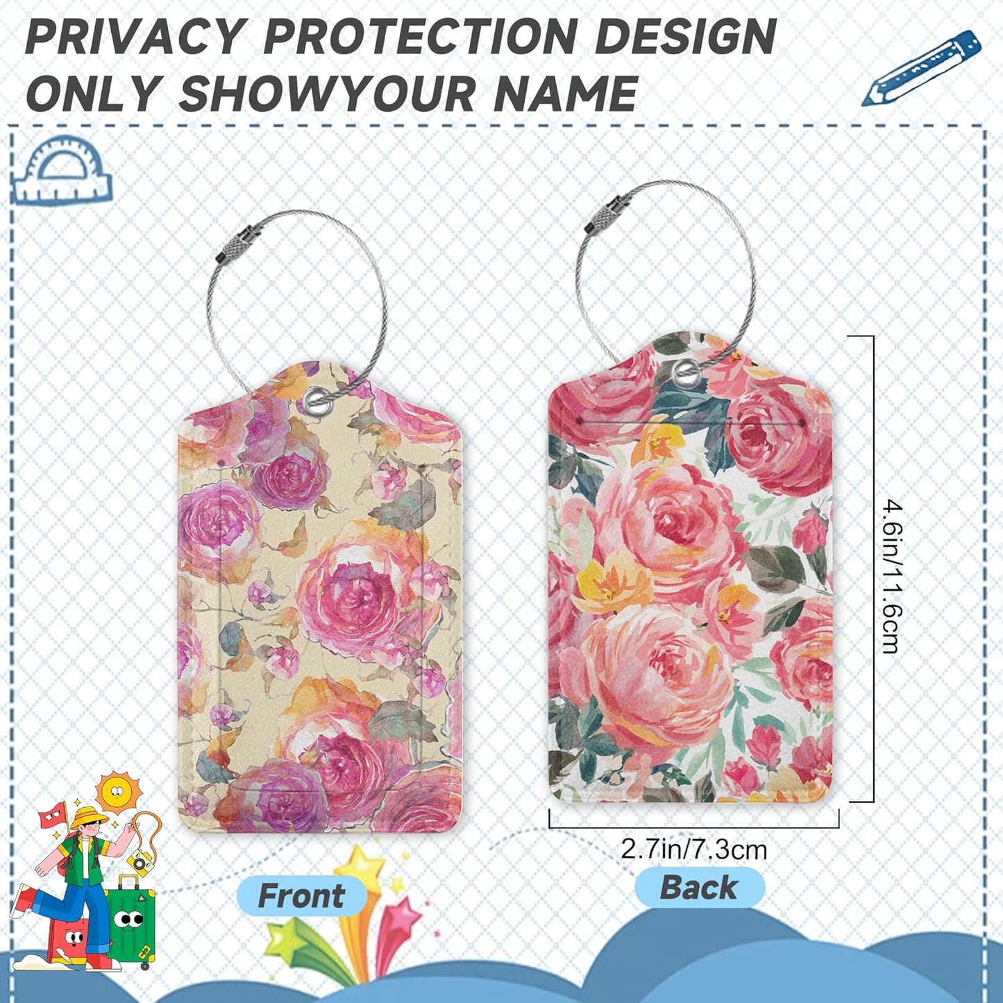 2 Pack Luggage Tag for Suitcase,Retro Flower Rose Leather Suitcase Tags Identifiers with Privacy Name Address Labels and Durable Steel Loop for Women Men Travel