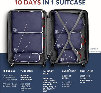 Large Compression Packing Cubes 6 Piece Set for Travel with Lightweight Laundry Bag for Carry-On Suitcase by TRIPPED Travel Gear (Navy)