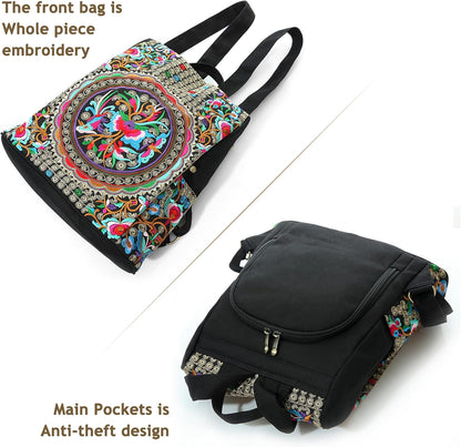 Jursccu Embroidered Women Backpack Purse, Fashion Canvas Travel Anti-theft Rucksack Shoulder Bag (Flower Embroidery)