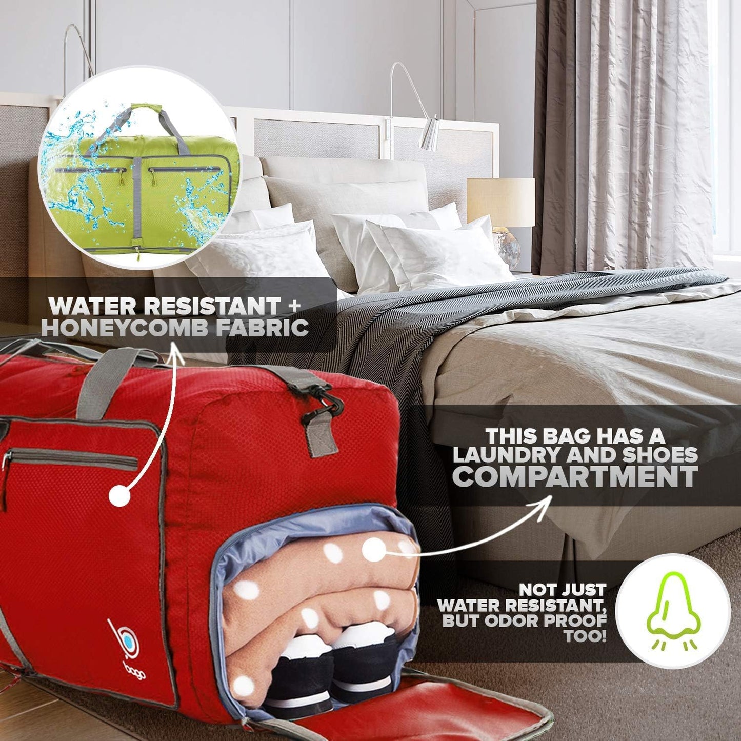 Bago Large Foldable Duffel Bags for Traveling Women & Men - 100L Packable Duffle Bag for Travel with Shoe Compartment - Water Repellant, Heavy Duty, Lightweight Folding & Collapsible (Red)