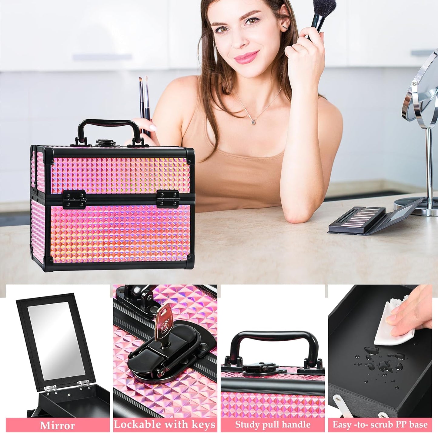 Makeup Case Organizer,Makeup Train Case, Trays Cosmetic Box Portable, Profesional for Salon Barber,Black Bright Pink