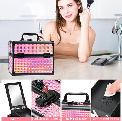 Makeup Case Organizer,Makeup Train Case, Trays Cosmetic Box Portable, Profesional for Salon Barber,Black Bright Pink