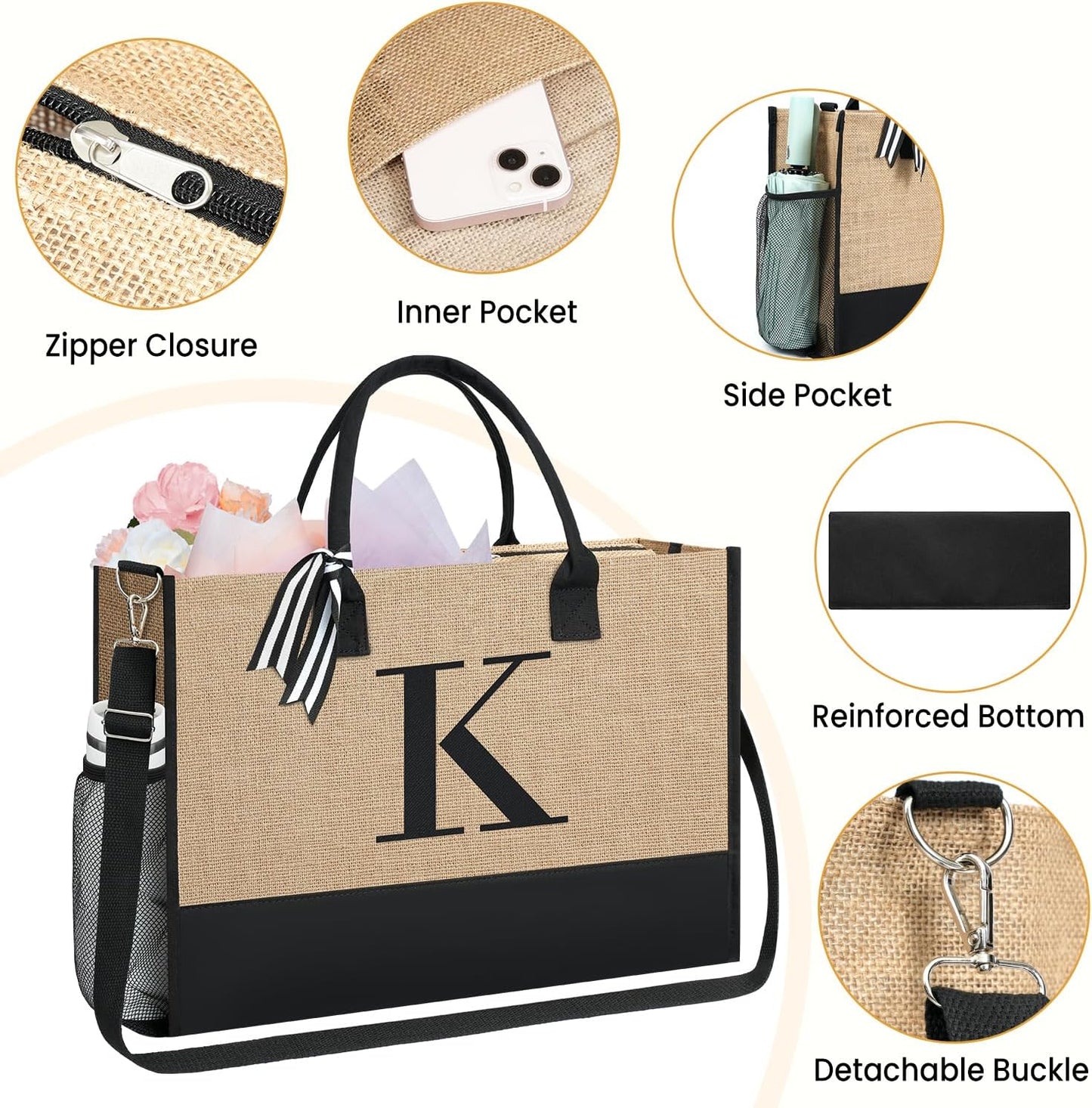 BAGAIL Initial Tote Bag, Personalized Birthday Gifts for Women, Teacher, Friends, Mom, Wedding, Monogrammed Beach Bag
