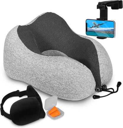 Airplane Neck Pillow Includes Travel Pillow + Airplane Phone Holder Mount + Eye Masks + Earplugs for Travel, 100% Pure Memory Foam Travel Pillow, 4 Pc Travel Kit, 2 Pack