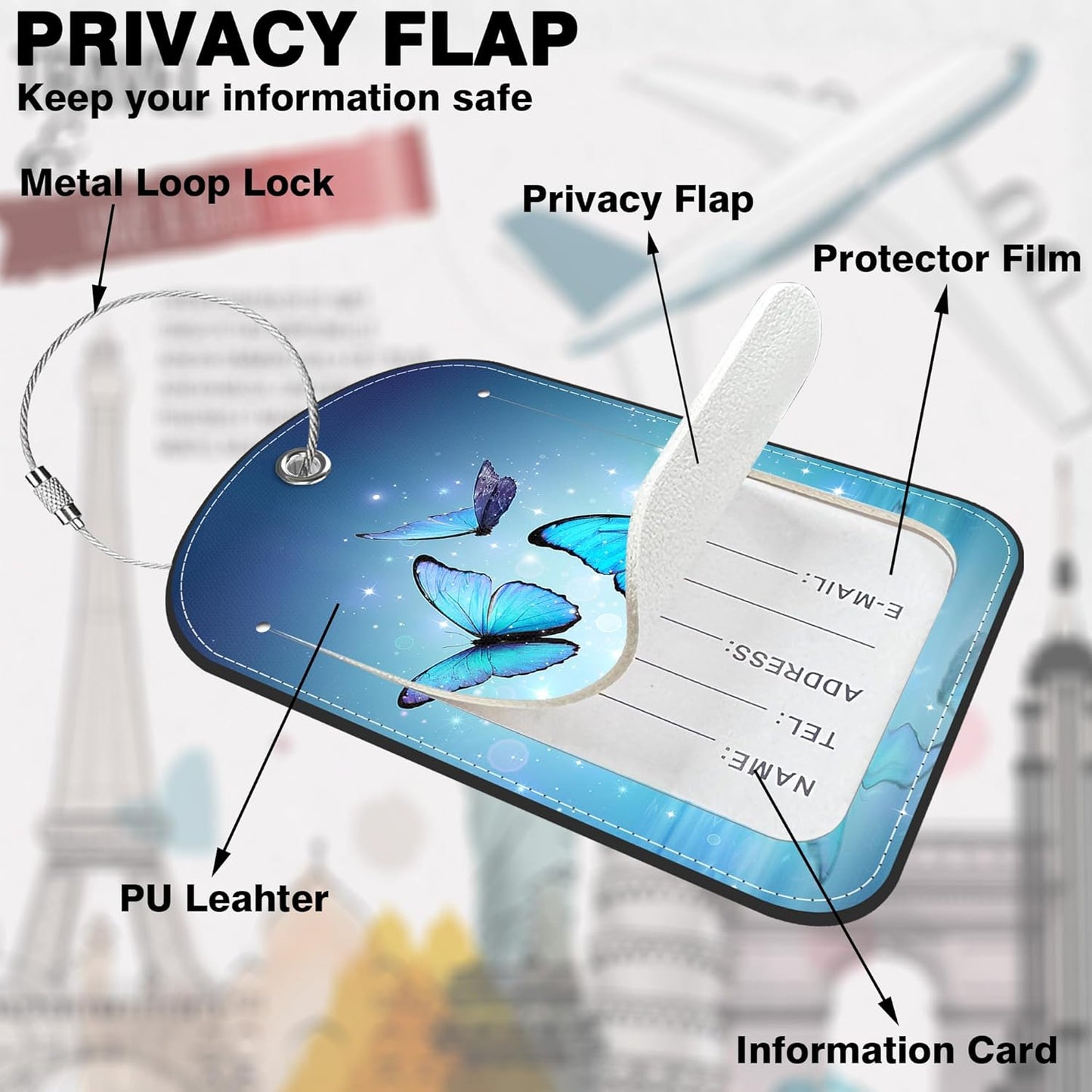 2 Pack PU Luggage Tags for Suitcase, Blue Butterfly On Water Suitcase Tag Leather ID Label Bag Tags with Privacy Cover and Metal Loop for Men Women Travel Bag