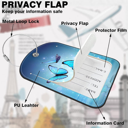 2 Pack PU Luggage Tags for Suitcase, Blue Butterfly On Water Suitcase Tag Leather ID Label Bag Tags with Privacy Cover and Metal Loop for Men Women Travel Bag