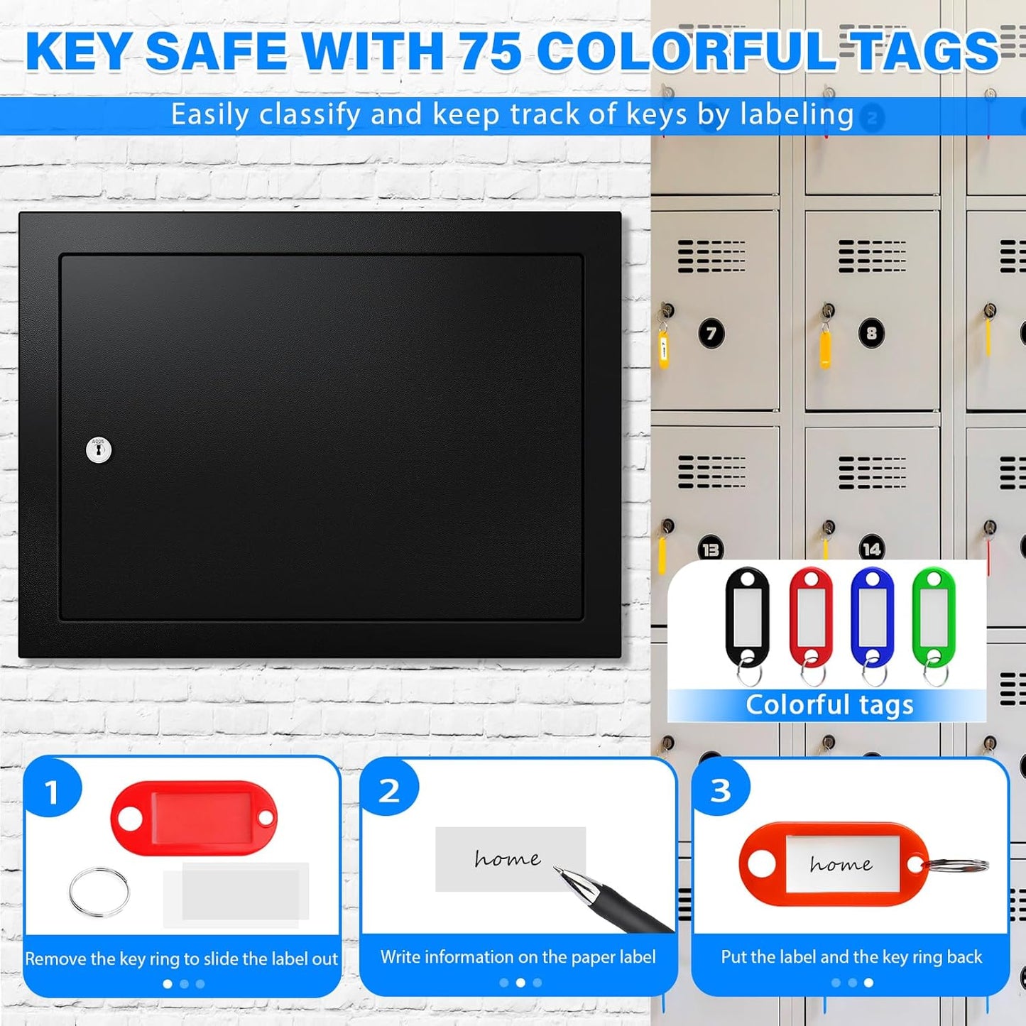 75 Keys Key Lock Box, Anti-Theft Key Cabinet with Key Tags, Key Organizer Wall Mount for Car Garage House Rental Office Business