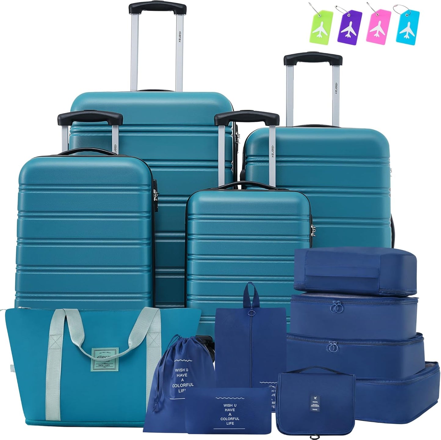 Merax Luggage sets of 13 Piece 16 20 20 28 IN Carry on Luggage Hard Case Green Luggage Expandable Checked Luggage Suitcase Set with Wheels