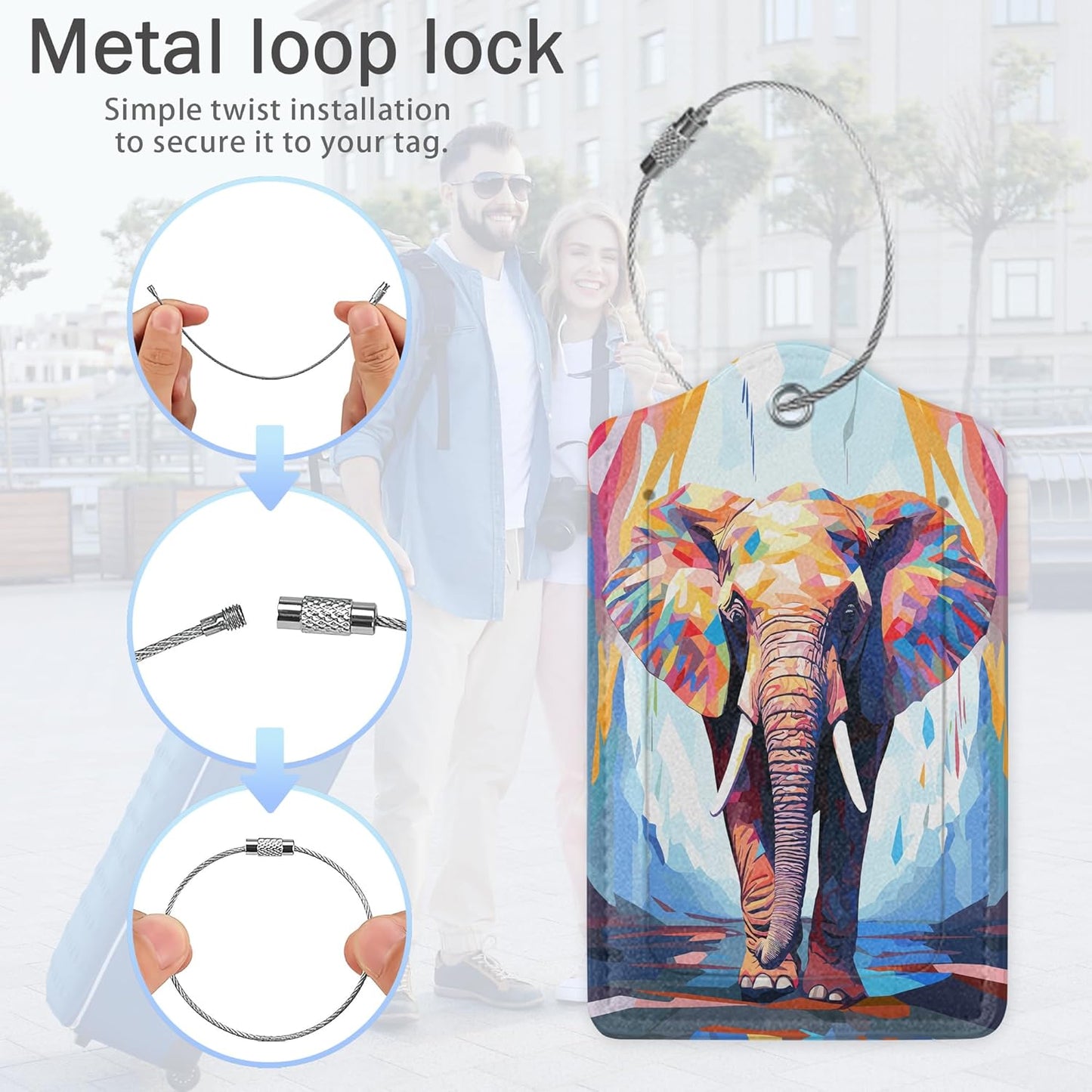 Abstraction Elephant Luggage Tags,2 Pack Oil Paint Elephant Luggage Tag,Leather Privacy Cover ID Label with Stainless Steel Loop for Women Men Kids Girls Travel