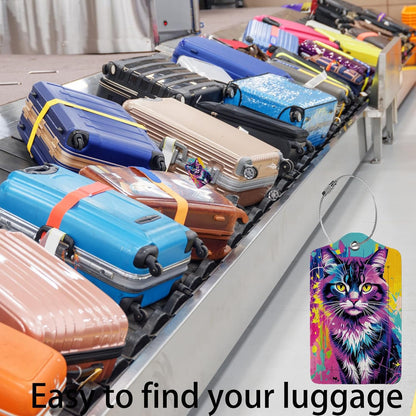 Colorful Cat 2 Pack Luggage Tag for Suitcase, Cute Unique Leather Bag Tags Identifiers Privacy Cover ID Label with Steel Loop for Women Men Kids Girls Travel,