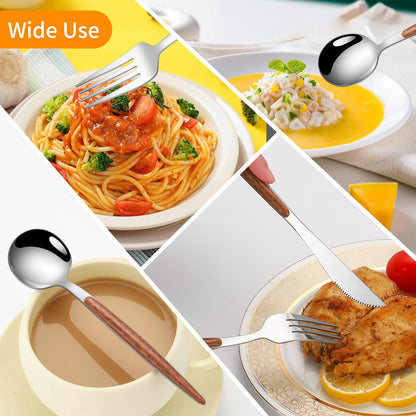 16 PCS Silverware Set for 4,Stainless Steel Flatware Cutlery Eating Utensils Set with Wood Grain Handle,Steak Knives Forks and Spoons for Home,Party,Mirror Polished and Dishwasher Safe