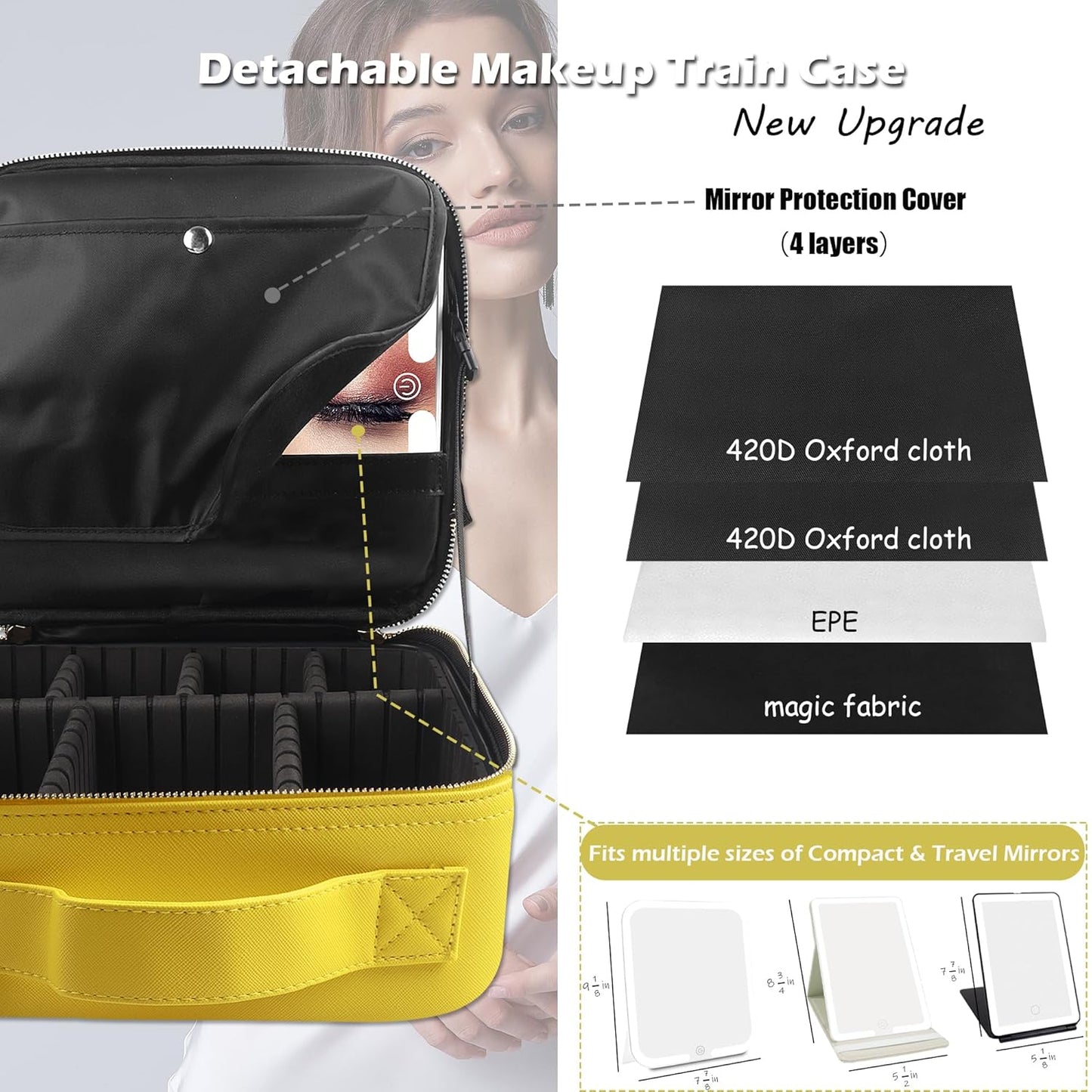 MOMIRA Travel Makeup Bag Cosmetic Bag Makeup Organizer Bag with Large Lighted Mirror 3 Color Scenarios Adjustable Brightness,Yellow