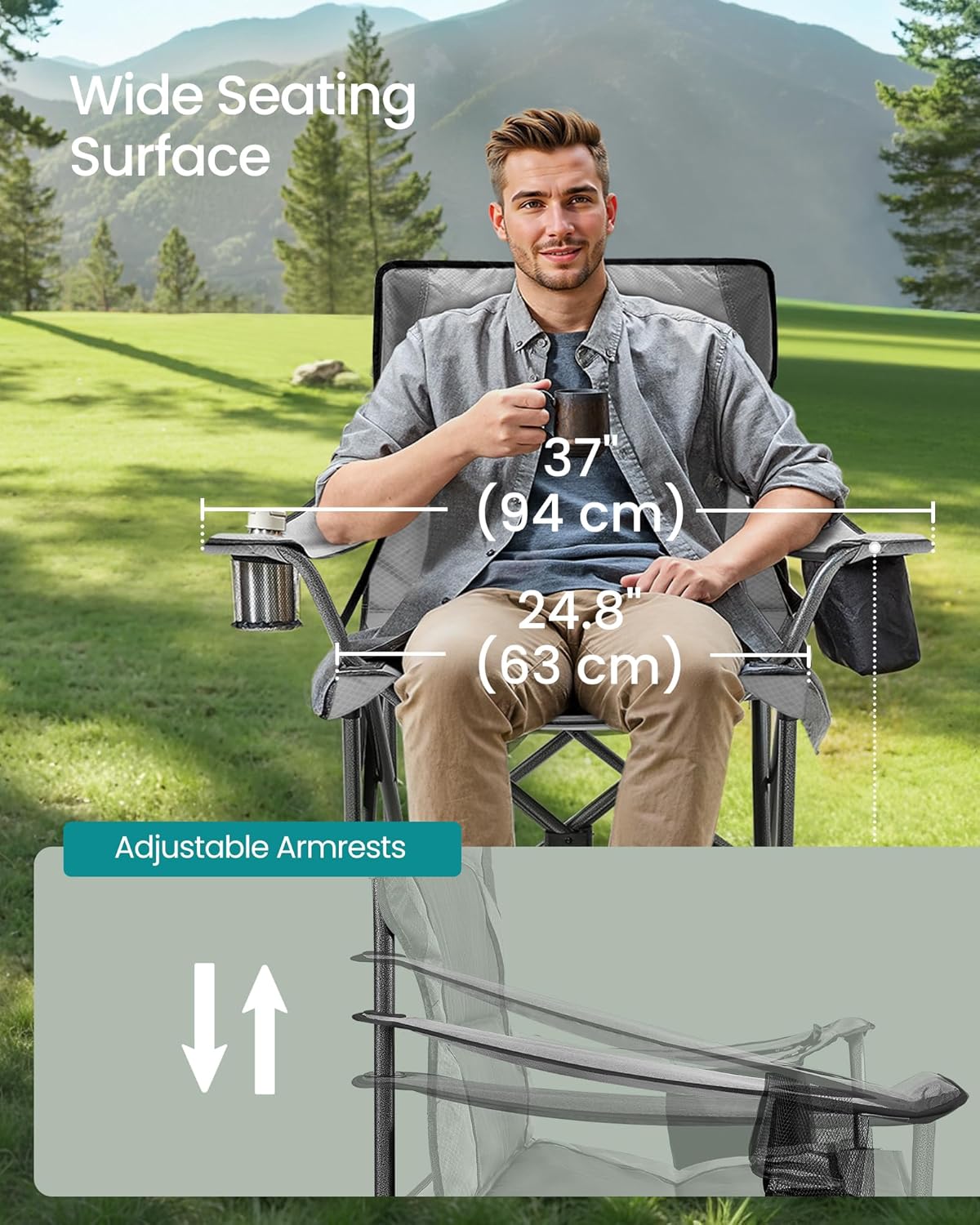 SONGMICS Oversized Lumbar Support Camping Chair, Heavy-Duty Outdoor Folding Chair Comfortable, Padded, Glamping, Cooler Bag, Weight Capacity 450 lb, Slate Gray UGCB066G01