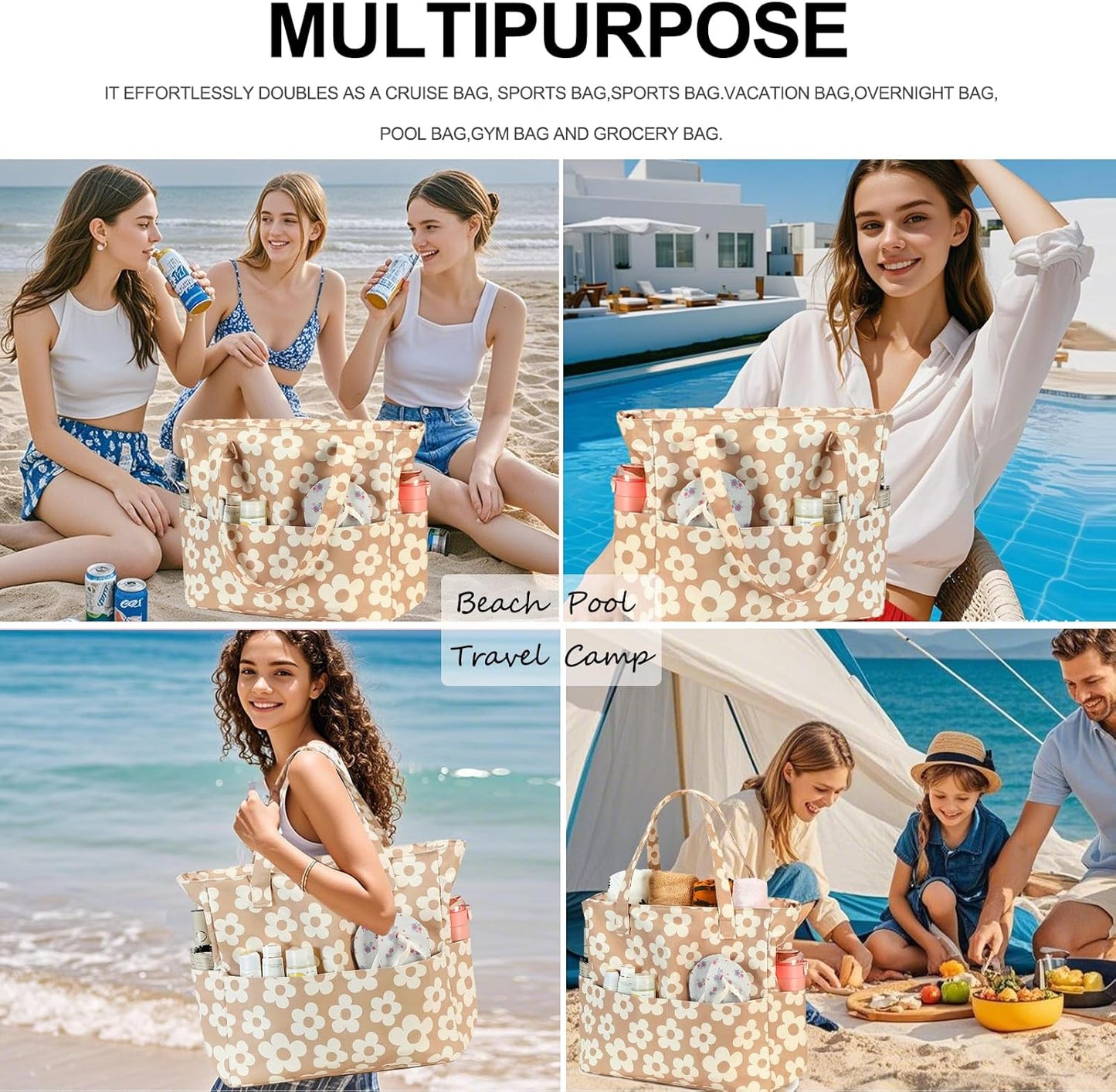 Beach Pool Bags Tote for Women Ladies Large Gym Tote Carry On Bag With Wet Compartment for Weekender Travel Waterproof