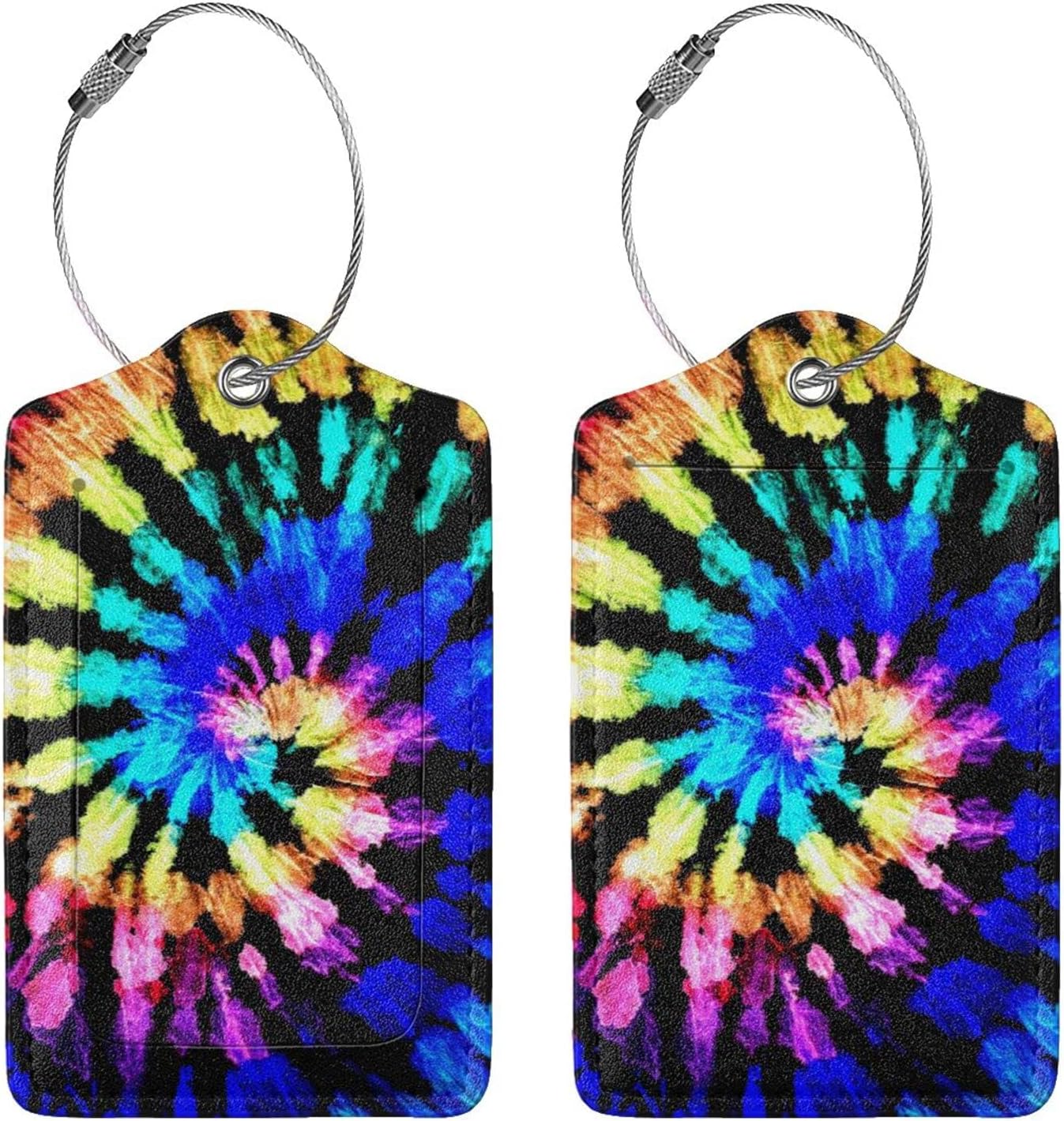 2pcs Tie Dye Luggage Tag for Suitcases Baggage, Colorful Rainbow Airport Crew Leahter Luggage Tag with Stainless Steel Loop and Full Back Privacy Cover for Travel Sports Girls Teens Adults