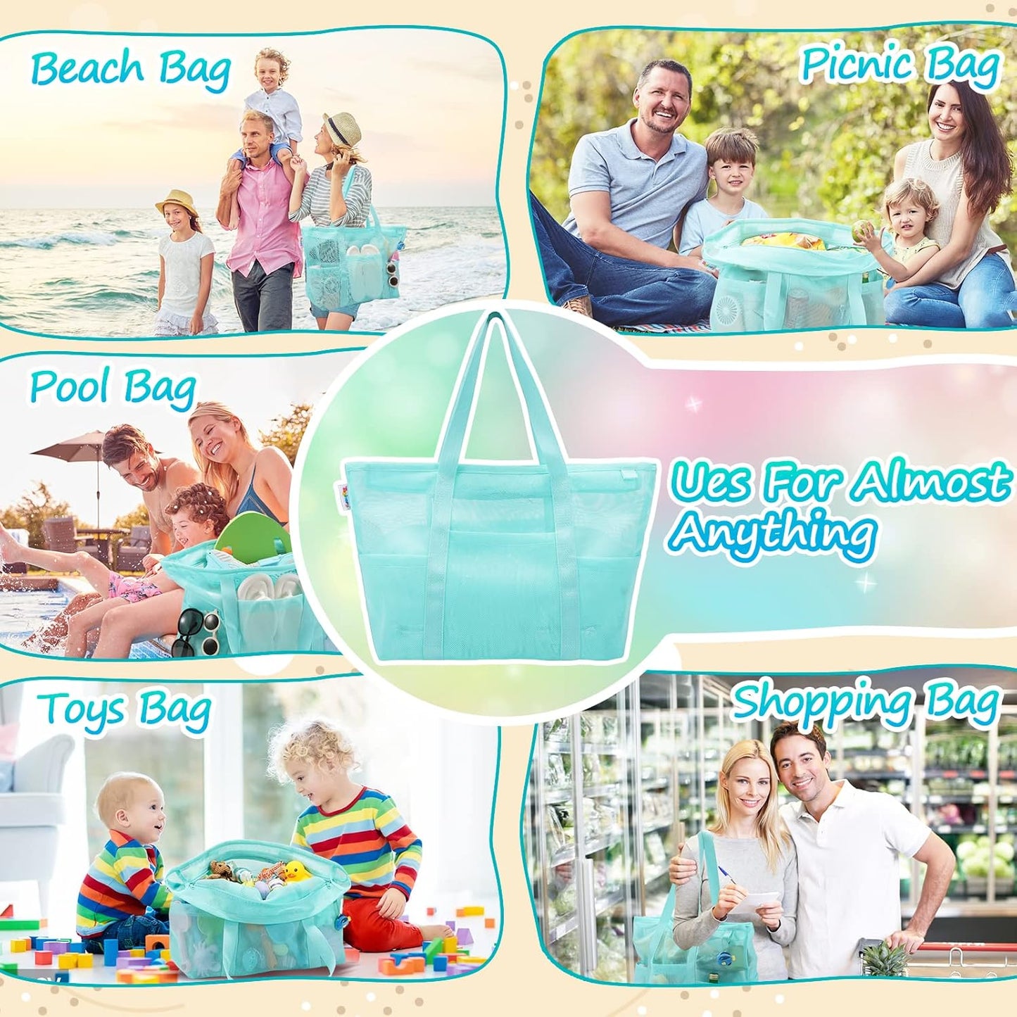 Tagitary Mesh Beach Bag with Zipper Large Beach Tote Waterproof Sandproof with 8 Pockets for Toys Pool Bag Beach Accessories