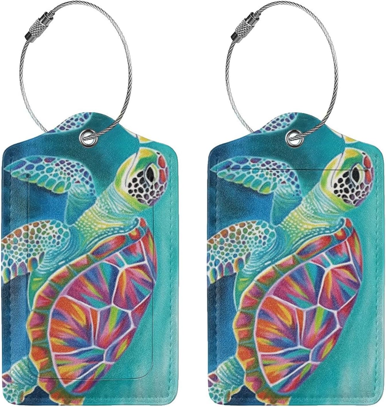 Sea Turtle Leather Luggage Tag with Stainless Steel Ring, Fun Name Id Card Cover Travel Bag Tag Set, Suitable for Travel Bag Luggage Women Men 1 PCS