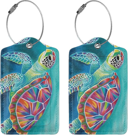 Sea Turtle Leather Luggage Tag with Stainless Steel Ring, Fun Name Id Card Cover Travel Bag Tag Set, Suitable for Travel Bag Luggage Women Men 4 PCS