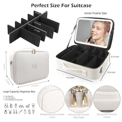 MOMIRA Travel Makeup Bag Cosmetic Bag Makeup Organizer Bag with Lighted Mirror, Adjustable Brightness in 3 Color Scenarios, Waterproof Makeup Train Case, Gift for Women - Khaki (Large)