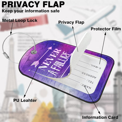 2 Pack PU Luggage Tags for Suitcase, Inspirational Quote Suitcase Tag Leather ID Label Bag Tags with Privacy Cover and Metal Loop for Men Women Travel Bag