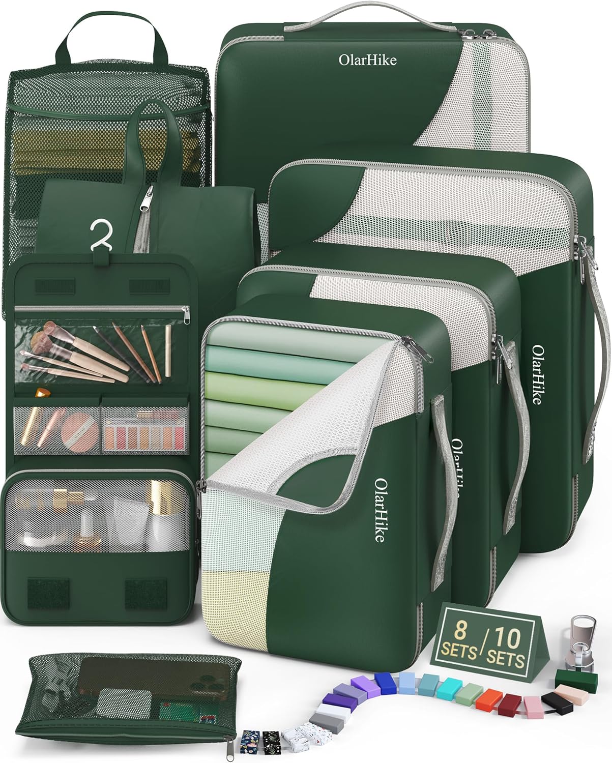 8 Set Packing Cubes for Travel, Gifts for Women Mom,Anti-Tearing Suitcase Organizer for Luggage with Shoe & Hanging Toiletry Bag,OlarHike Vacation Essentials & Accessories for Cruise Ship,Dark Green
