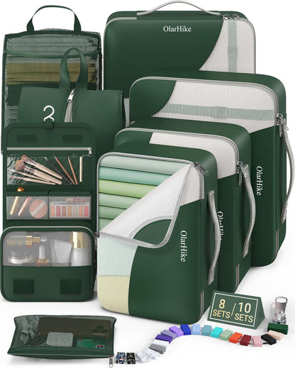 8 Set Packing Cubes for Travel, Gifts for Women Mom,Anti-Tearing Suitcase Organizer for Luggage with Shoe & Hanging Toiletry Bag,OlarHike Vacation Essentials & Accessories for Cruise Ship,Dark Green