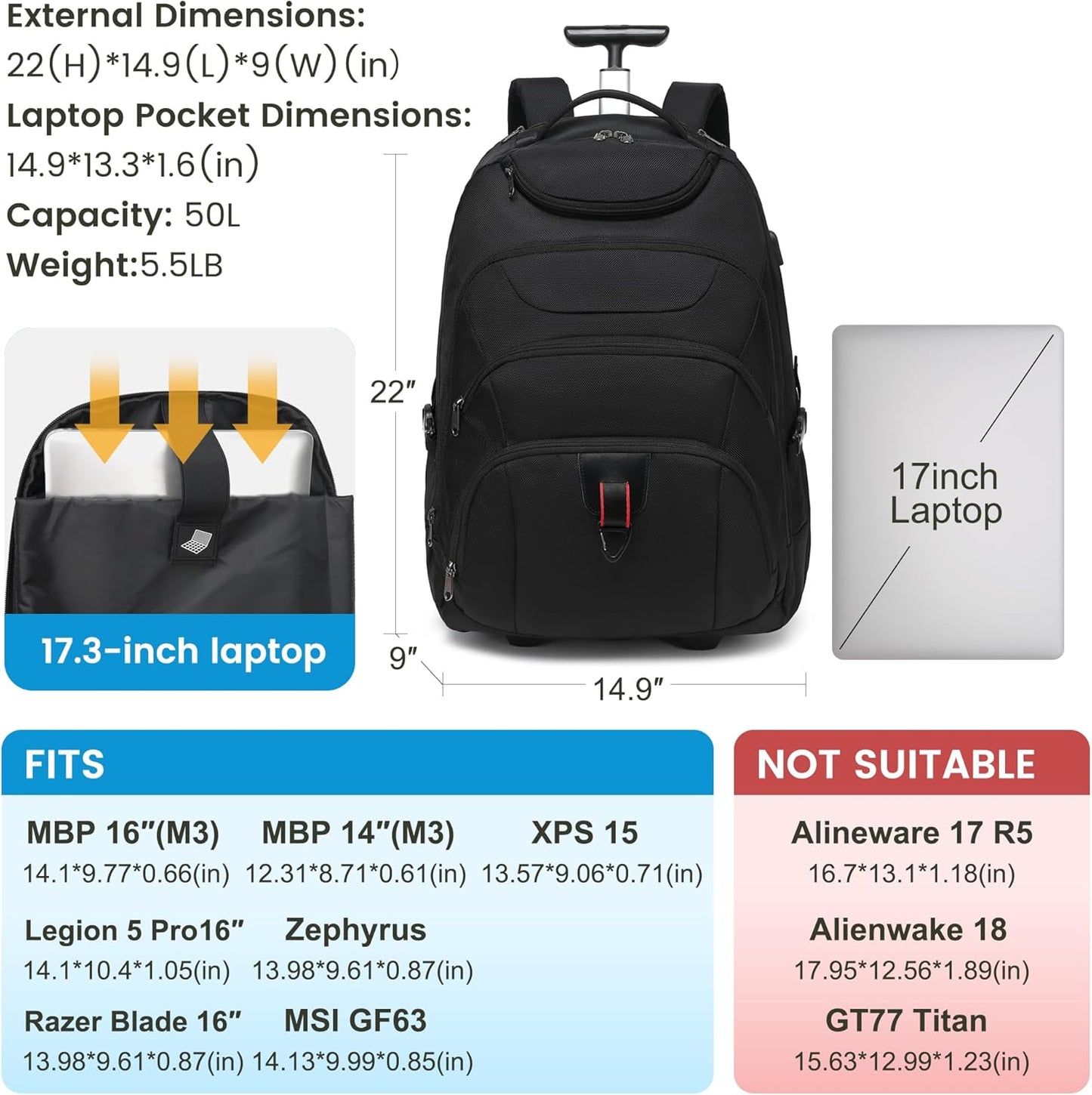 Boavan Wheeled Backpack,18.4 inch Water Resistant Rolling Backpack,Carry on Luggage Business Bag, Overnight College Computer Backpacks Trolley Suitcase for Men Women Adults to Travel，Black