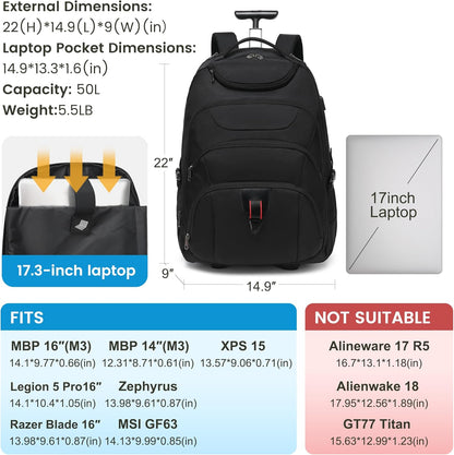 Boavan Wheeled Backpack,18.4 inch Water Resistant Rolling Backpack,Carry on Luggage Business Bag, Overnight College Computer Backpacks Trolley Suitcase for Men Women Adults to Travel，Black