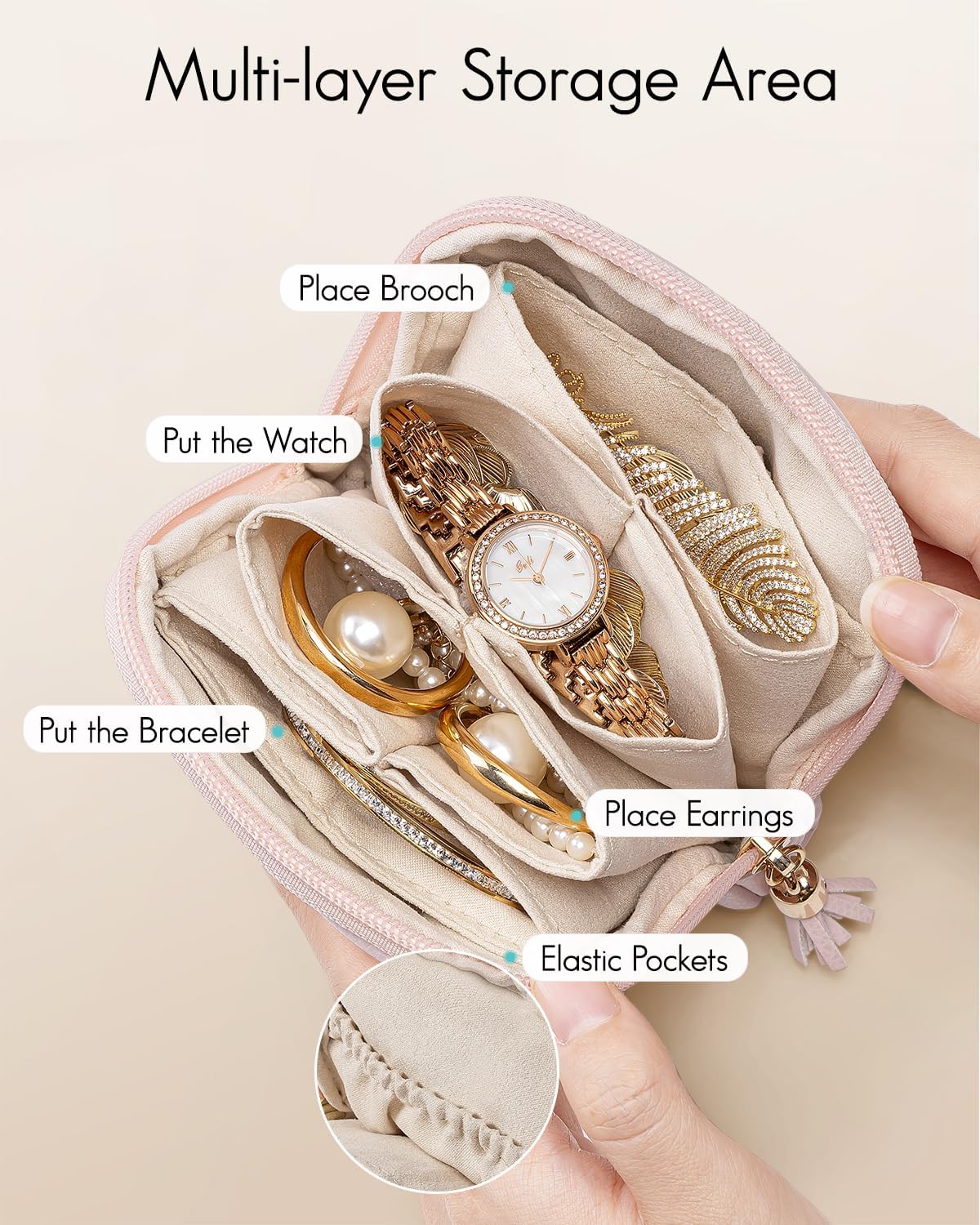 Vlando Small Jewelry Travel Case,Jewelry Pouch Bags with Zipper,Velvet Jewelry Organizer Storage Bag for Bracelet Rings Earring Travel Essentials Gifts for Women Girl-Pink