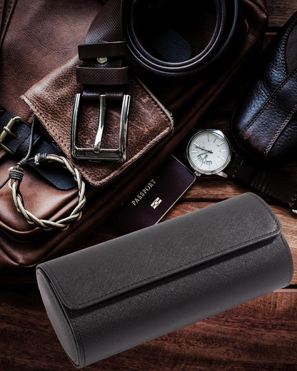 MR.OKAY 3 Watch Travel Case- Classic Leather Watch Case With Superb Texture.Portable Watch Roll Or Organizer For Storage And Display. Travel Gift for Men, All Handcrafted By Leather Craftsmen.
