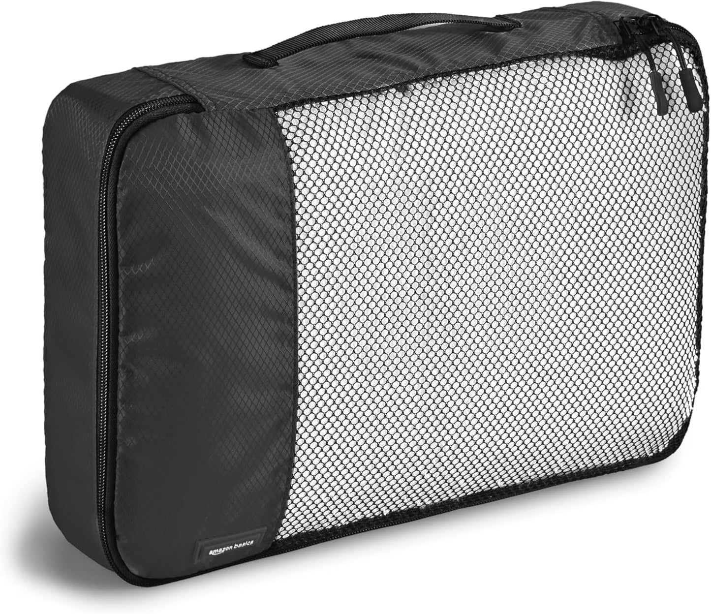 Amazon Basics Lightweight Packing Cubes Travel Organizer Set with Double Zipper, Mesh Top, Small, Medium, Large, Slim, Black, 4 Piece