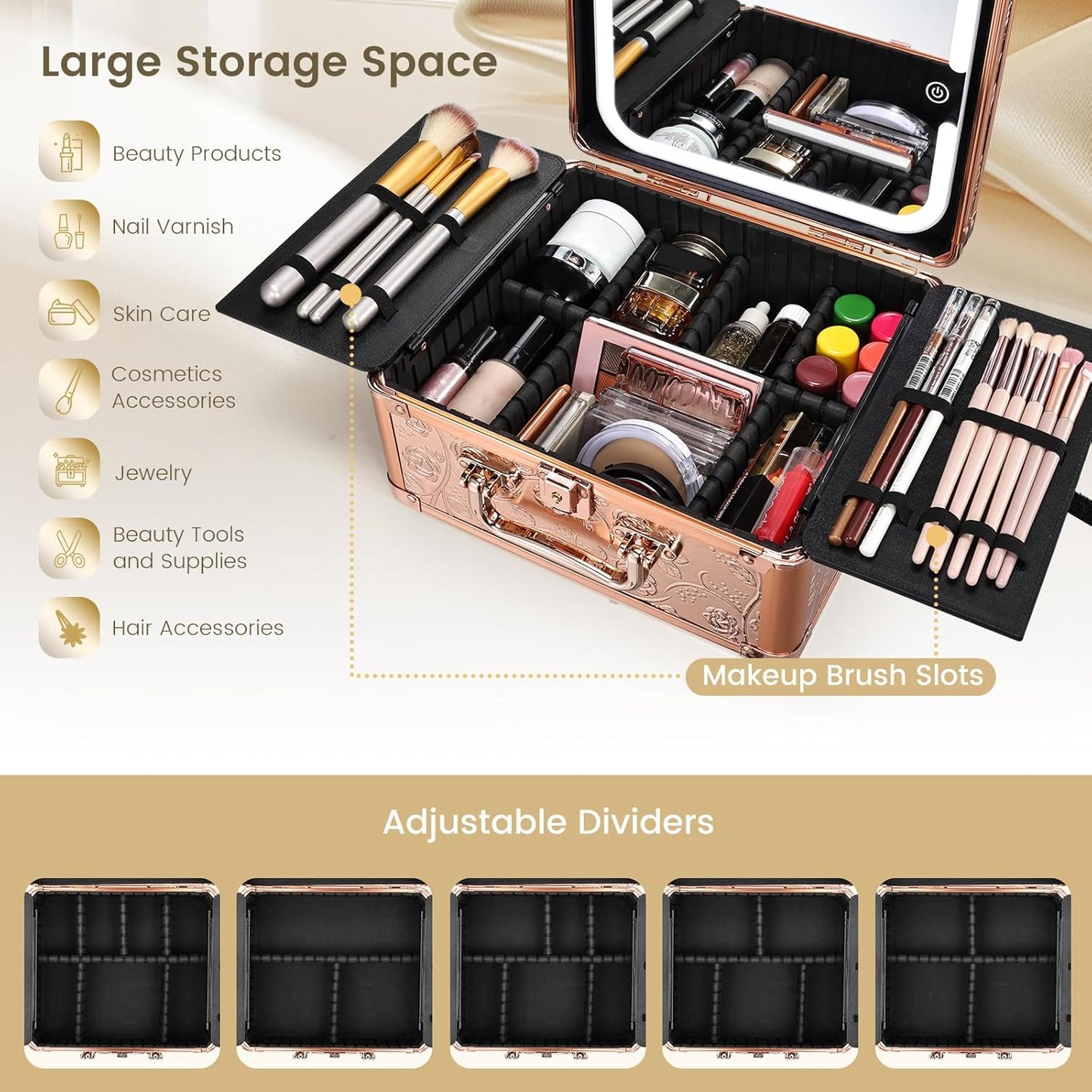 Makeup Case with Magnetic Lighted Mirror Cosmetic Train Box Detachable LED Mirror Adjustable Brightness in 3 Colors Waterproof Storage Organizer Artist Suitcase with Dividers Brush Holder, Rose Gold