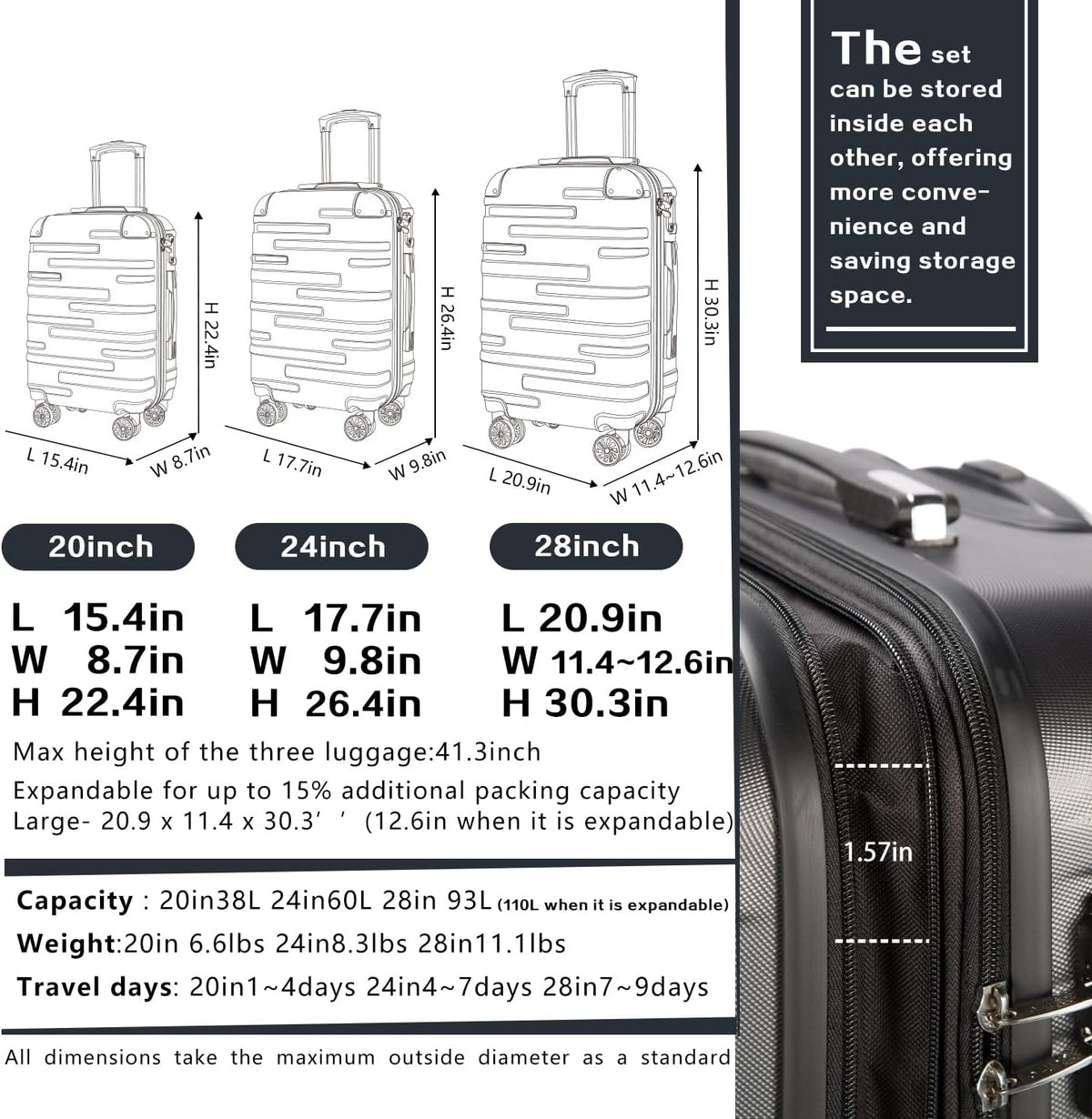 Coolife Luggage Expandable(only 28") Suitcase 3 Piece Set with TSA Lock Spinner 20in24in28in (sliver)