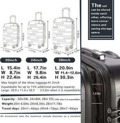 Coolife Luggage Expandable(only 28") Suitcase 3 Piece Set with TSA Lock Spinner 20in24in28in (sliver)