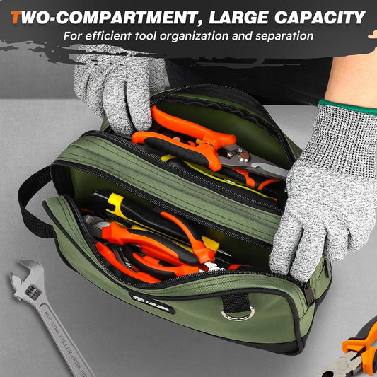 12 Inch Small Tool Bag 2 Pack, Zipper Tool Pouch Two Compartments, Utility ToolBag with Carrying Handle, Heavy Duty Tools Storage Organizer for Electrician Mechanic, Gift for Men Dad, Orange/Green