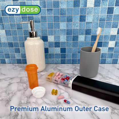 EZY DOSE Slide Pill Organizer, Stylish Medication Storage Case with Durable BPA-Free Plastic with Aluminum Exterior, Large 7-Day Weekly Compartments, Tablets, Vitamins, Compact, 9-Inch, Black