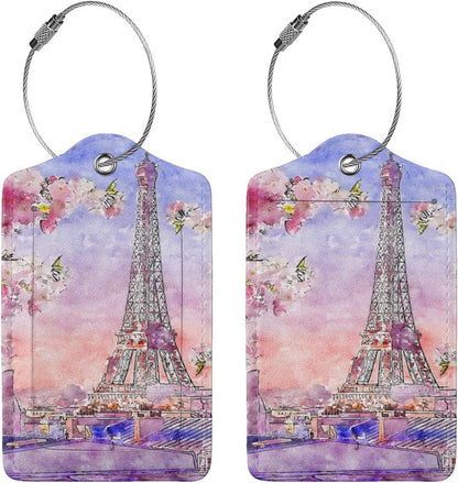 2PC Eiffel Tower Luggage Tags for Travel, Paris Spring Romantic Cherry Blossoms Suitcase Tag Privacy Name ID Card Quick to Find Out Travel Bag Labels for Couple Honeymoon Wedding