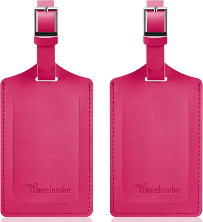 Travelambo Luggage Tags for Suitcases Faux Leather Privacy Protection 2 Pack Bag Tags Travel Accessories Essential, Rose Red
