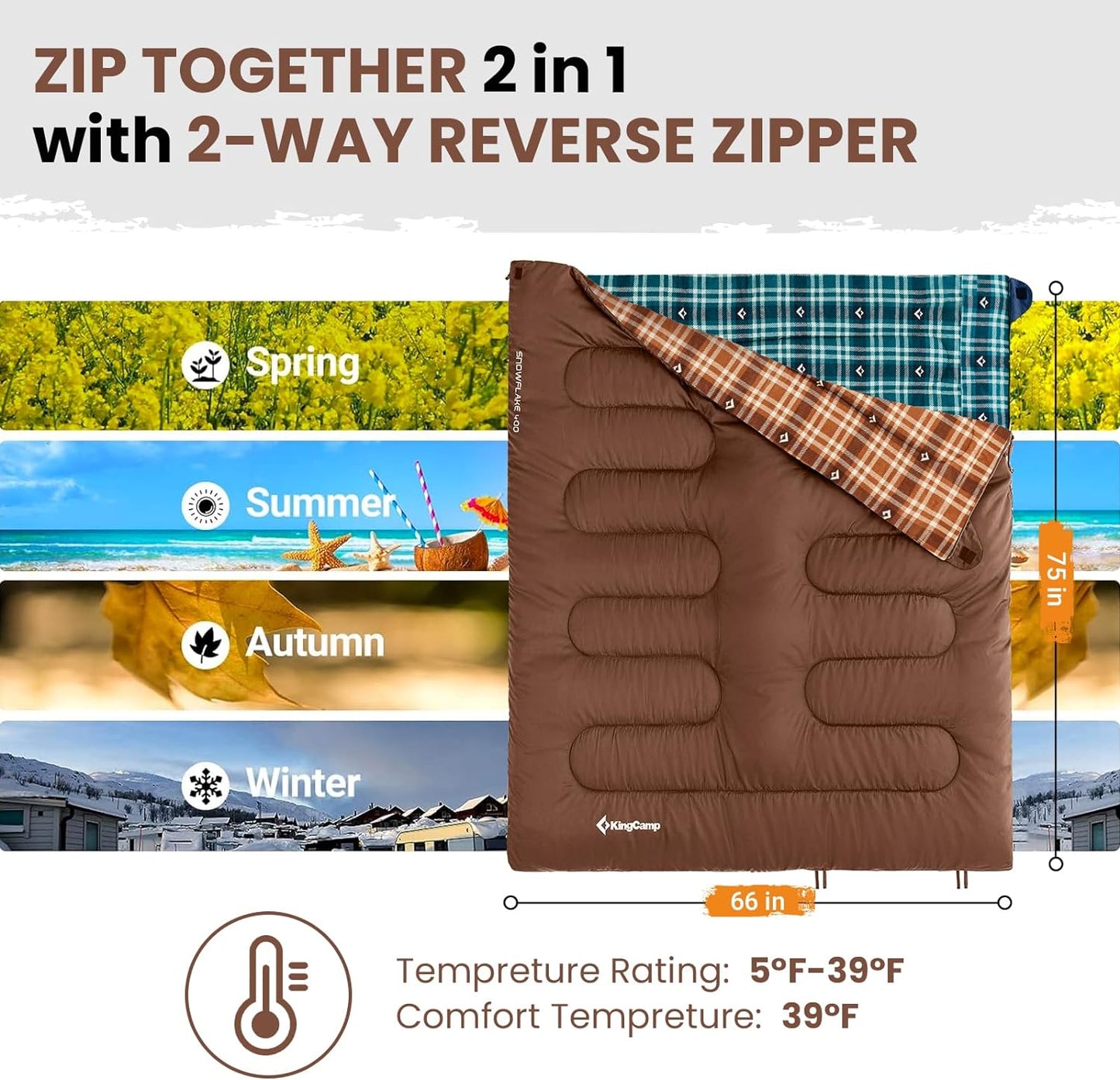 KingCamp Sleeping Bag for Adults, Cold Weather & Warm XL Big and Tall Flannel Sleeping Bags with Compression Sack Portable Waterproof Essentials Gear Accessories for Outdoor Camping