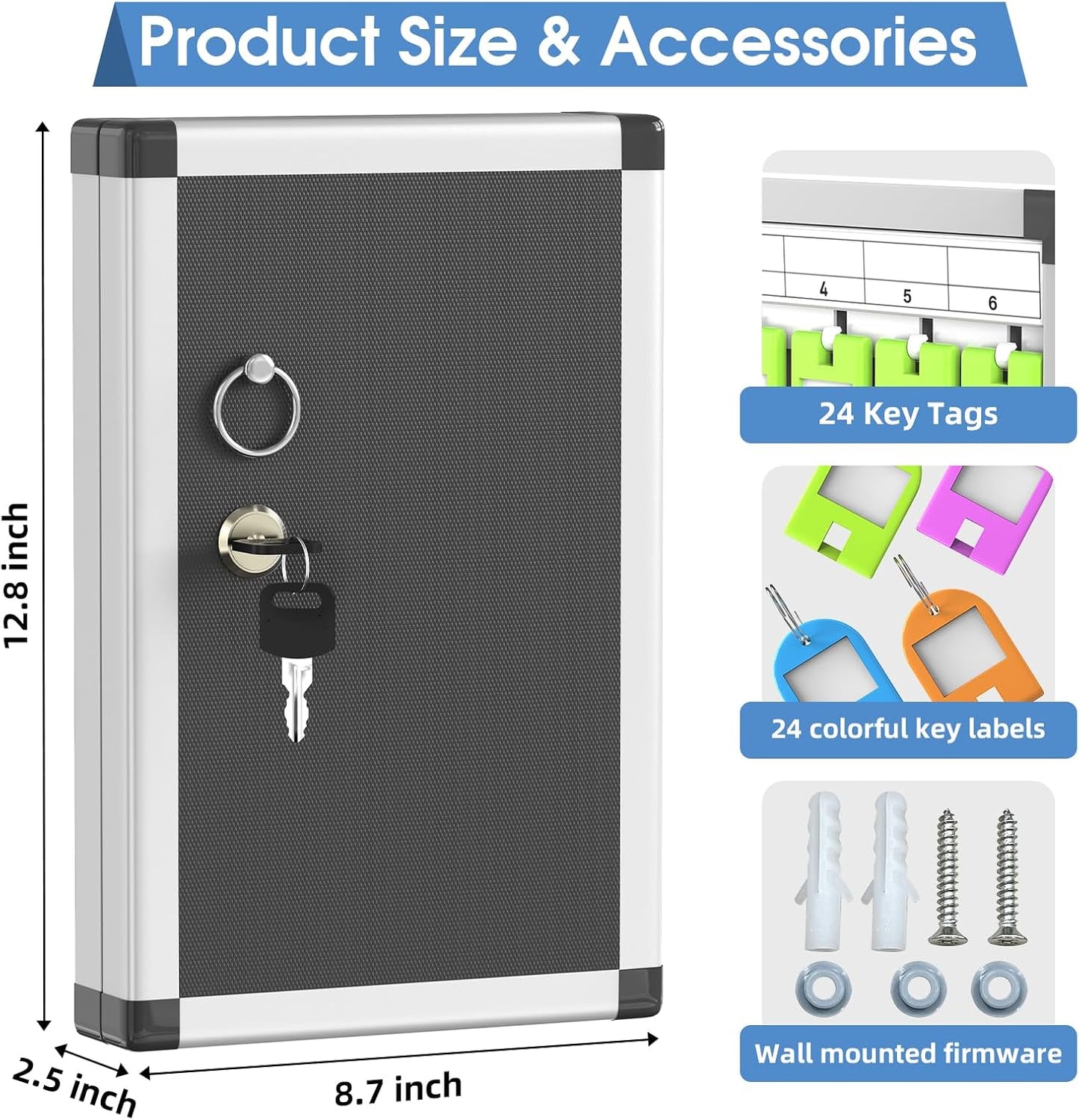 24 Slots Lock Box for Keys Wall Mount, Locking Key Cabinet, Key Storage Box with Key Hooks & Tags & Lables, 8.45" x 2.55" x 13" (Black-Key Lock, 24 Keys)