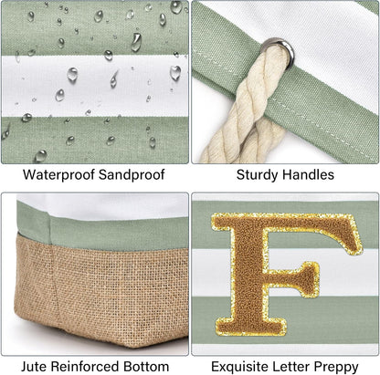 Becokan Beach Bag Initial Beach Tote with Makeup Bag for Travel Work Storage Personalized Birthday Gifts for Women Her