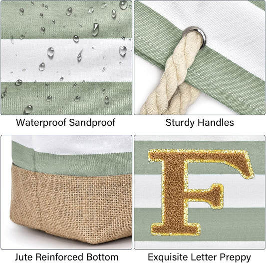 Becokan Beach Bag Initial Beach Tote with Makeup Bag for Travel Work Storage Personalized Birthday Gifts for Women Her