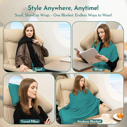 16-in-1 Compact Travel Blanket with Bag – Reversible, Ultra Soft Bamboo Airplane Blanket with Hidden Pocket - Lightweight & Packable for Flights, Camping, Picnic, Travel Essentials