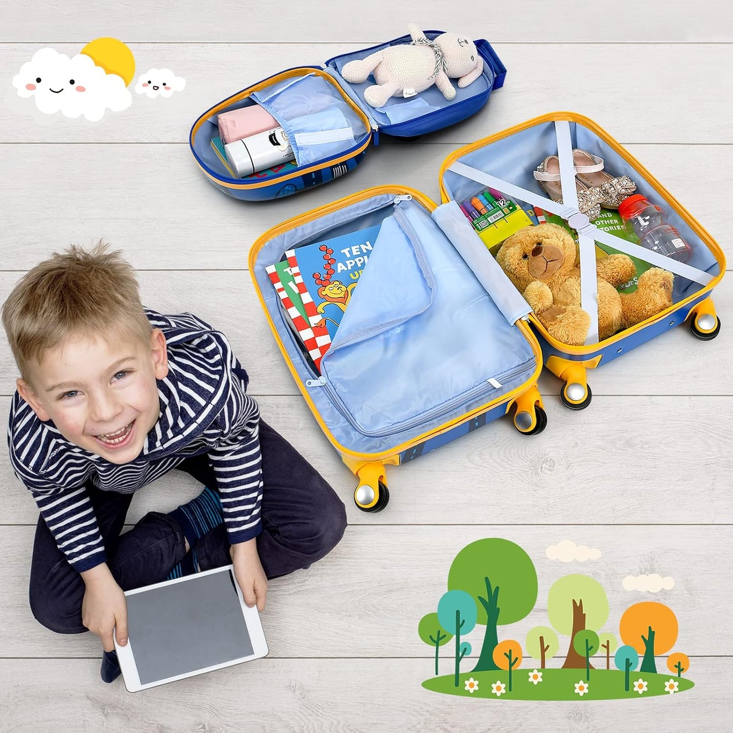 HONEY JOY Kids Luggage, 12" Toddler Backpack & 18" Travel Suitcase with Wheels, Lightweight Toddler Suitcase, Durable ABS Hardshell, 2Pcs Carry On Luggage Set for Boys Girls (Car)