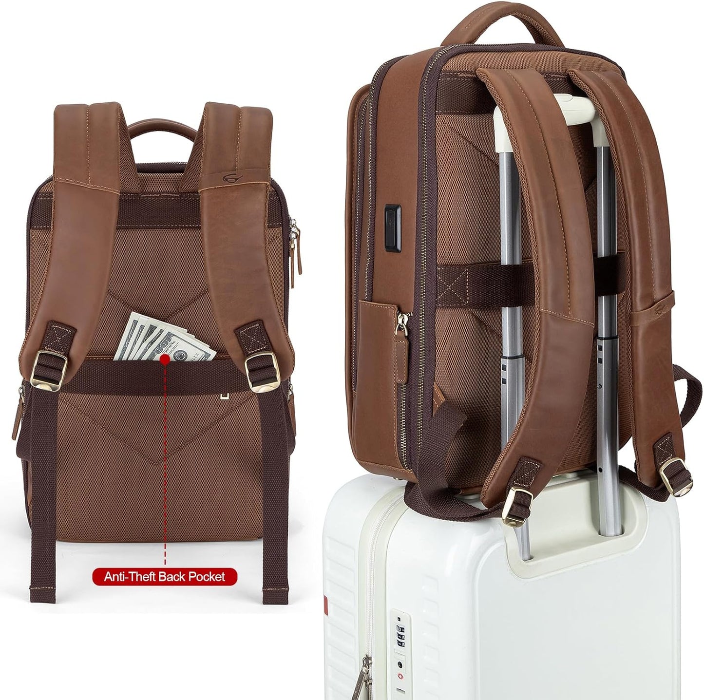 Tzowla Leather Laptop Backpack, Bag for Men and Women,Business Travel Work Rucksack Fits 15.6 Inch Laptop,Bookbag with USB and Type-C Charging Port-Black