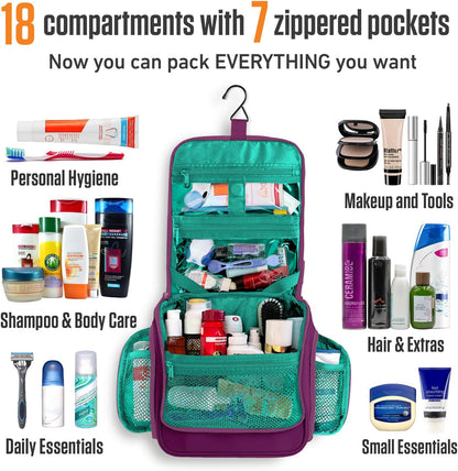 VENTURE 4TH Hanging Travel Toiletry Bag for Women & Men - Travel Organizer with Expandable Compartments & Removable Clear Pouch for Toiletries (Purple/Mint)